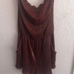 Maroon Red Strapless Ruffled Romper with Pockets